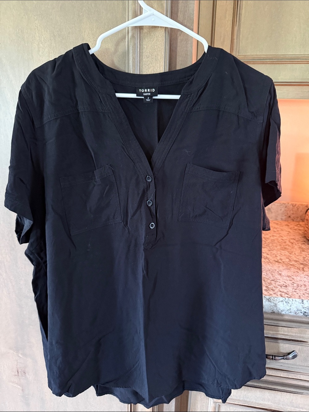 torrid Black Short-Sleeve V-Neck Henley with Dual Chest Pockets
